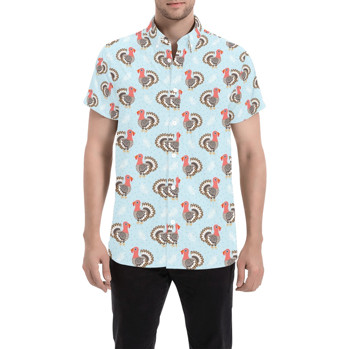Turkey Print Design LKS403 Men Short Sleeve Button Up Shirt
