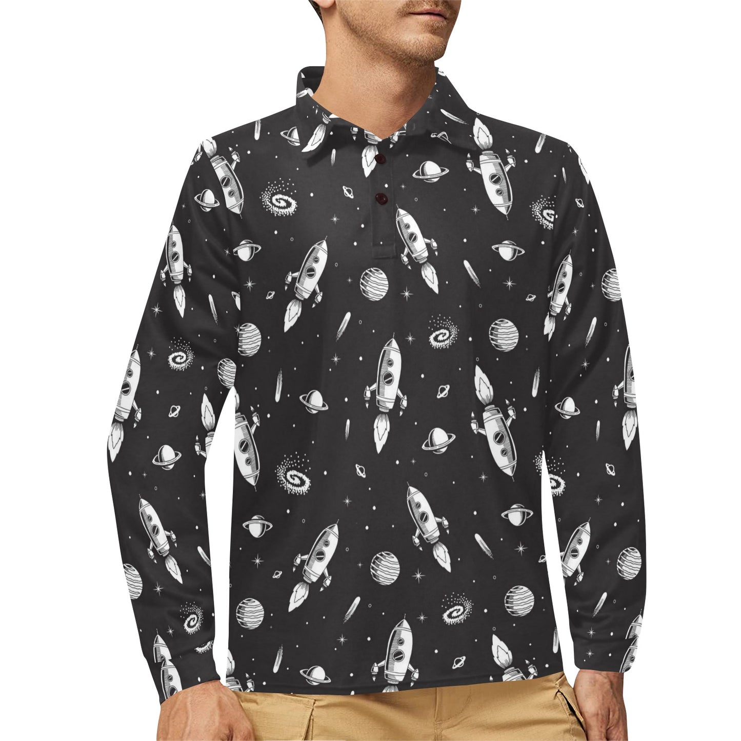 Space Rocket Print Design LKS303 Long Sleeve Polo Shirt For Men's