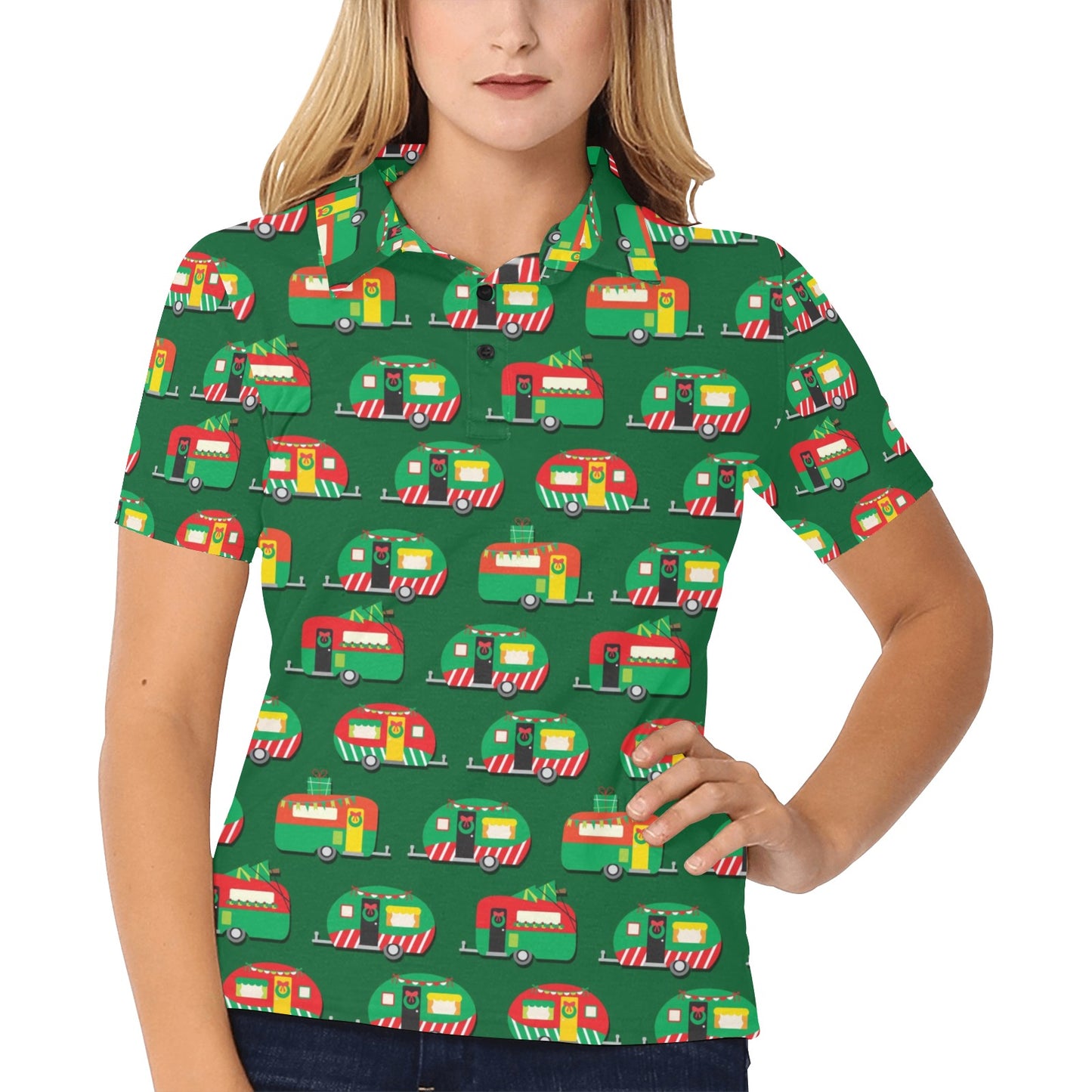 Camper Camping Christmas Themed Print Women's Polo Shirt
