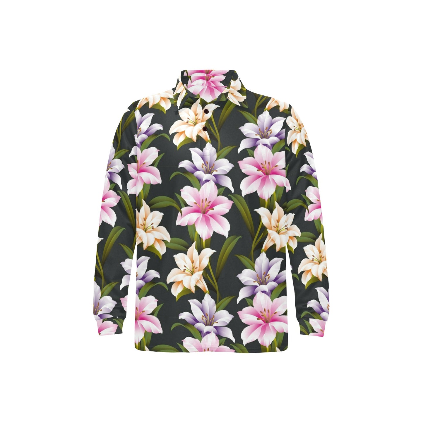 Lily Pattern Print Design LY01 Long Sleeve Polo Shirt For Men's