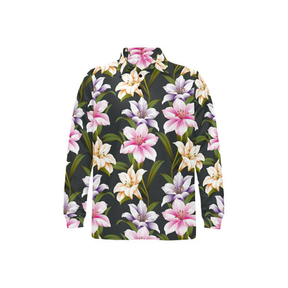 Lily Pattern Print Design LY01 Long Sleeve Polo Shirt For Men's
