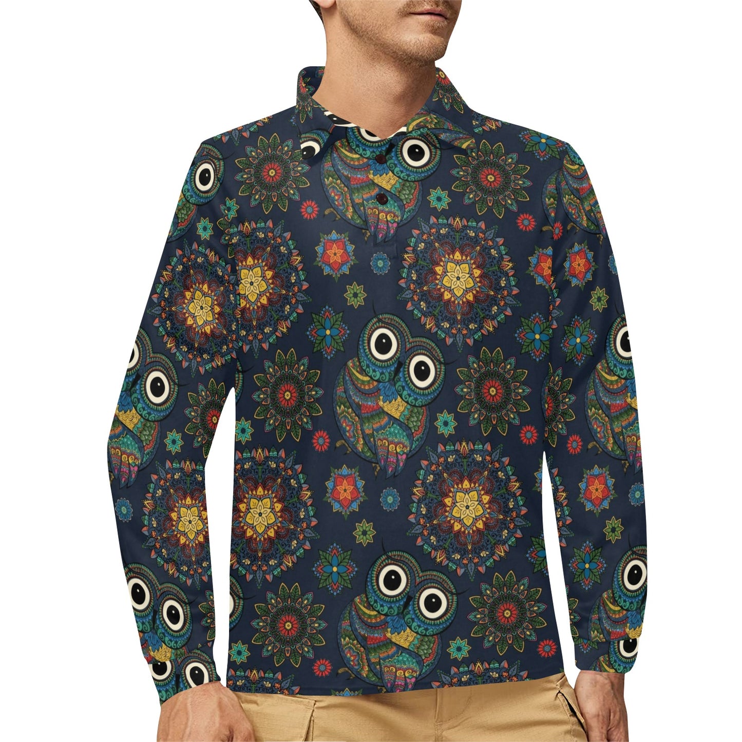 Owl Boho Style Pattern Print Design A04 Long Sleeve Polo Shirt For Men's