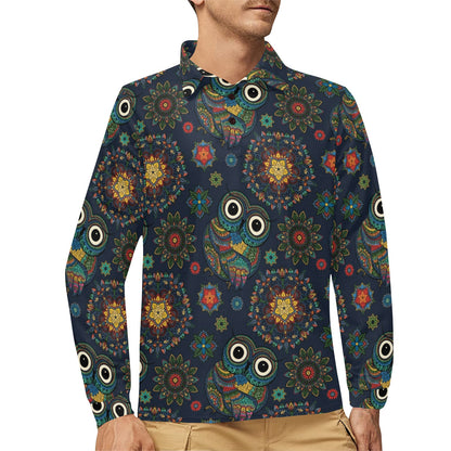 Owl Boho Style Pattern Print Design A04 Long Sleeve Polo Shirt For Men's