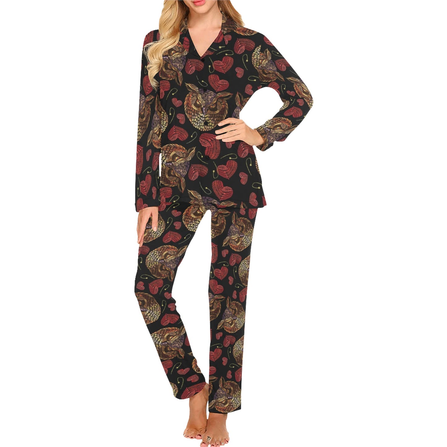 Owl Pattern Print Design A08 Women's Long Pajama Set