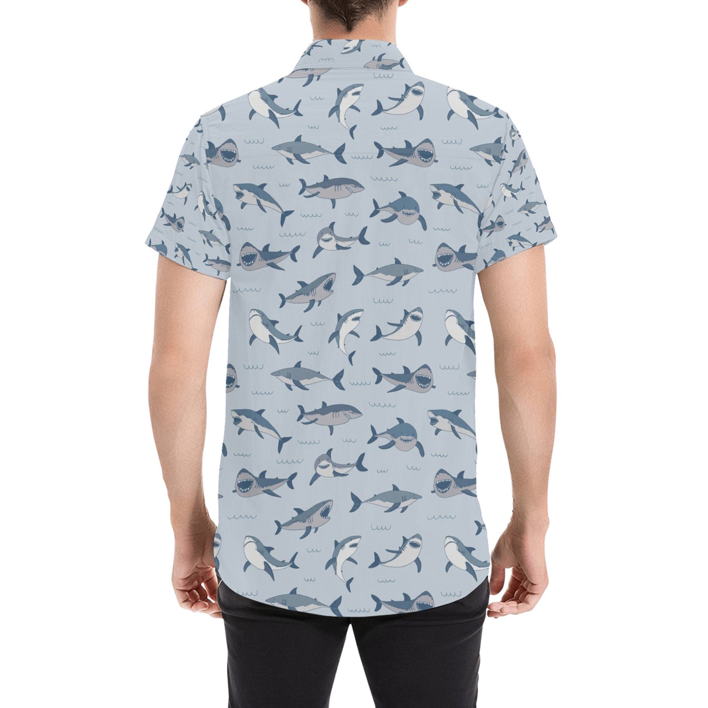Shark Print Design LKS304 Men Short Sleeve Button Up Shirt
