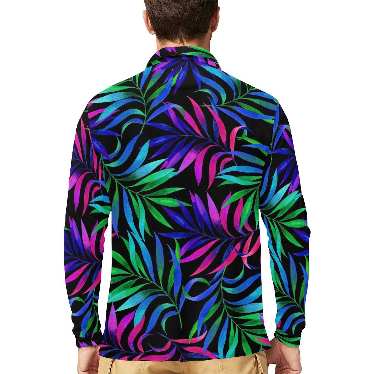 Tropical Flower Pattern Print Design TF010 Long Sleeve Polo Shirt For Men's