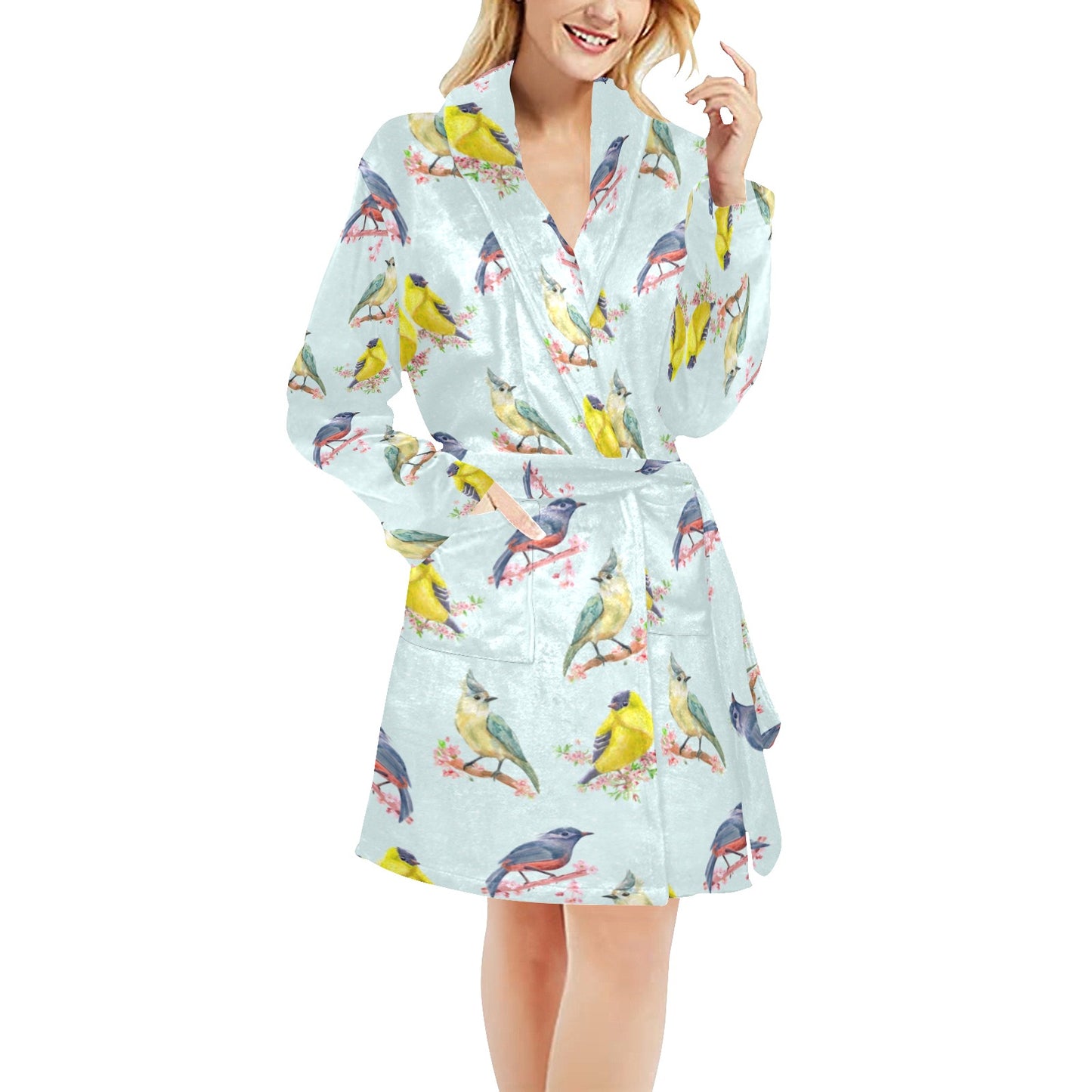 Bird Sweet Themed Print Pattern Women's Fleece Robe