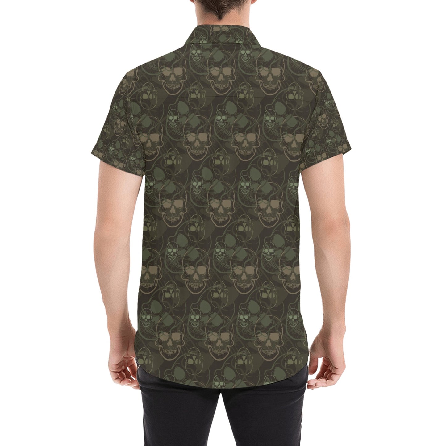 Skull Camo Style Print Design LKS308 Men Short Sleeve Button Up Shirt