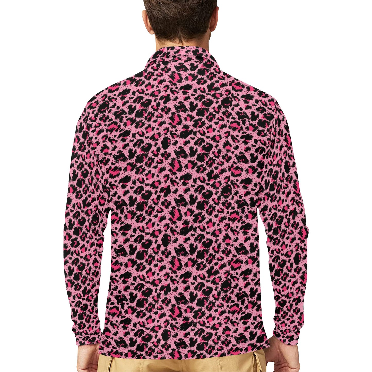Cheetah Pink Pattern Print Design 01 Long Sleeve Polo Shirt For Men's