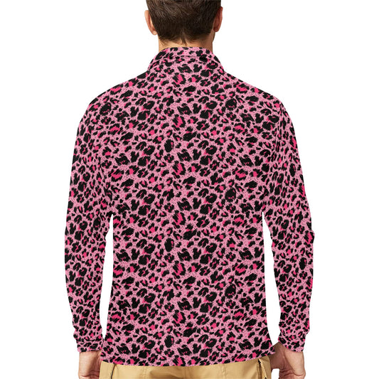 Cheetah Pink Pattern Print Design 01 Long Sleeve Polo Shirt For Men's