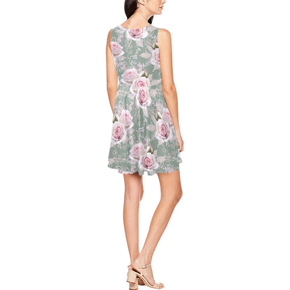 Rose White Pattern Print Design RO012 Sleeveless Dress