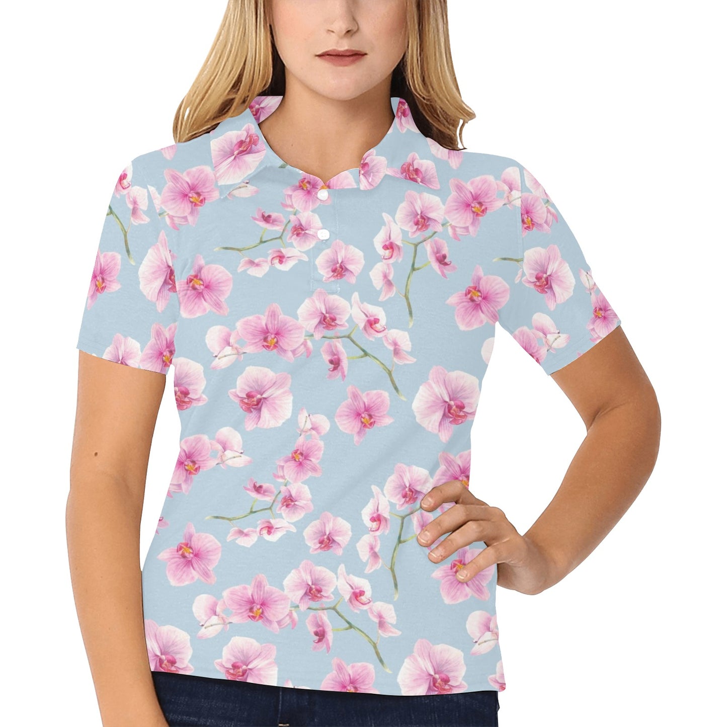 Orchid Pink Pattern Print Design OR01 Women's Polo Shirt