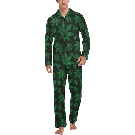 Pot Leaf Pattern Print Design A04 Men's Long Pajama Set