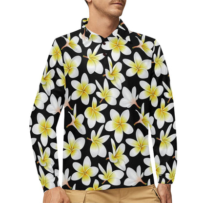 Yellow Plumeria Hawaiian Flowers Long Sleeve Polo Shirt For Men's