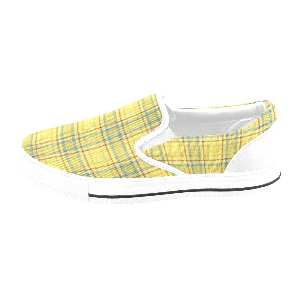 Tartan Yellow Print Design LKS301 White Slip Ons Canvas Women's Shoes