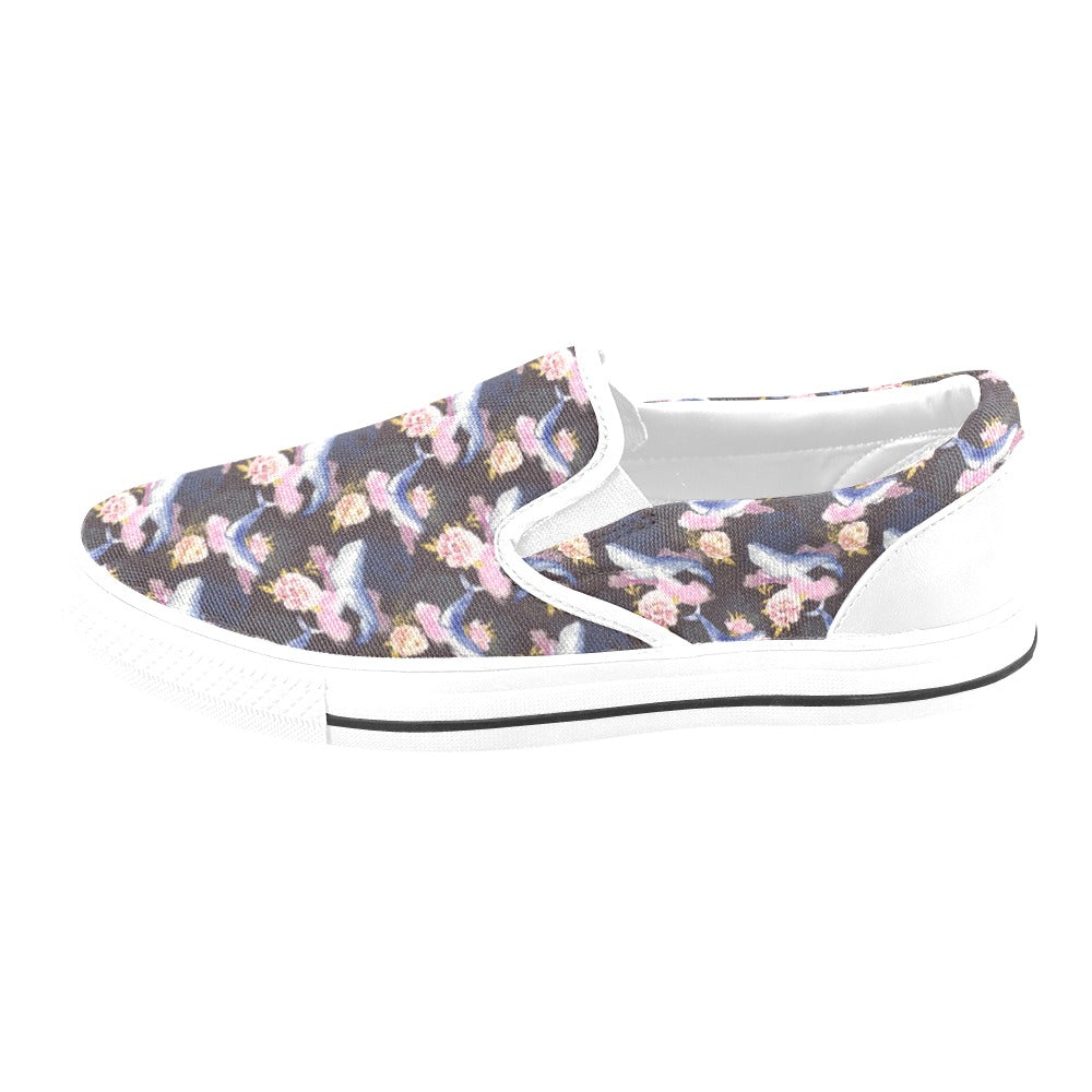Blue Whale Print Design LKS401 White Slip Ons Canvas Women's Shoes