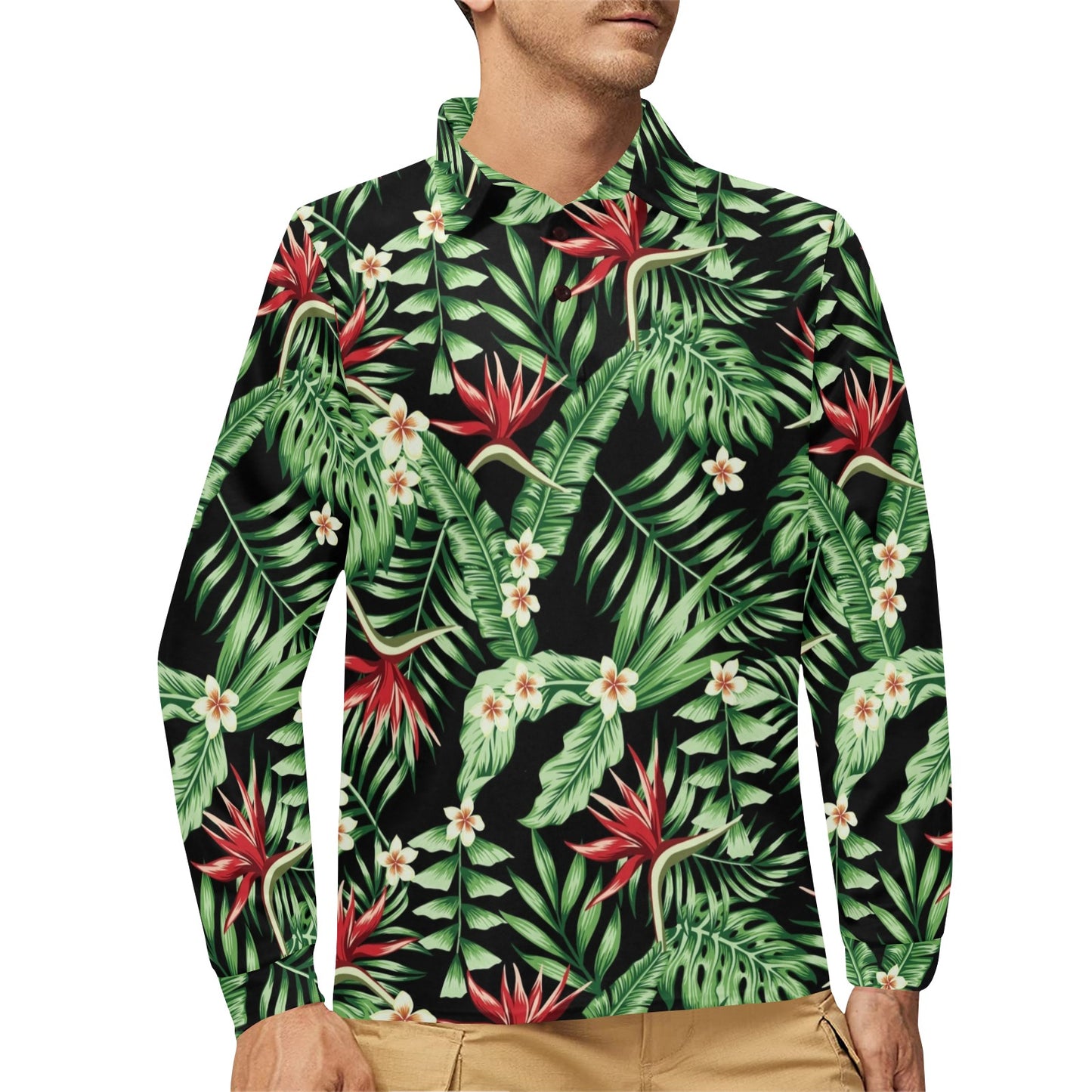 Bird Of Paradise Pattern Print Design BOP05 Long Sleeve Polo Shirt For Men's