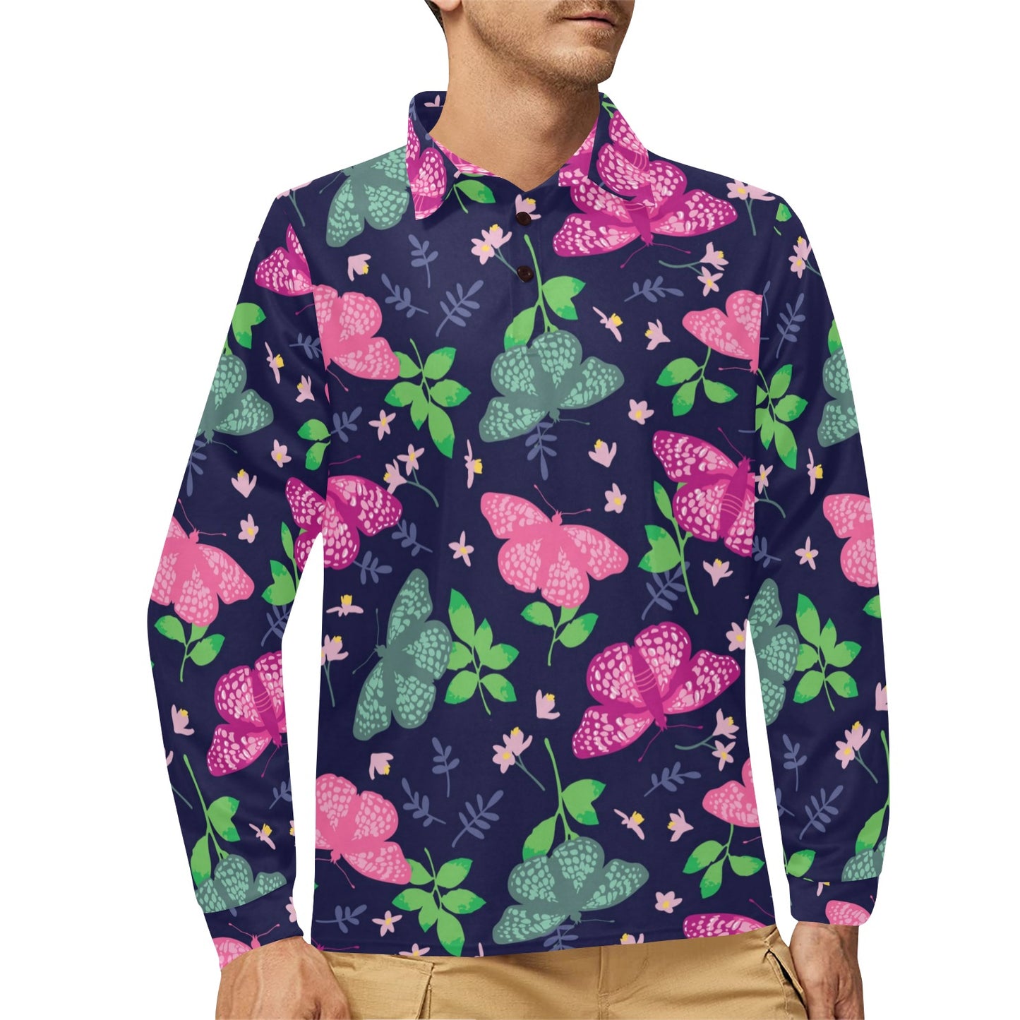 Monarch Butterfly Pattern Print Design 03 Long Sleeve Polo Shirt For Men's