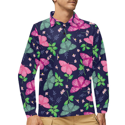 Monarch Butterfly Pattern Print Design 03 Long Sleeve Polo Shirt For Men's