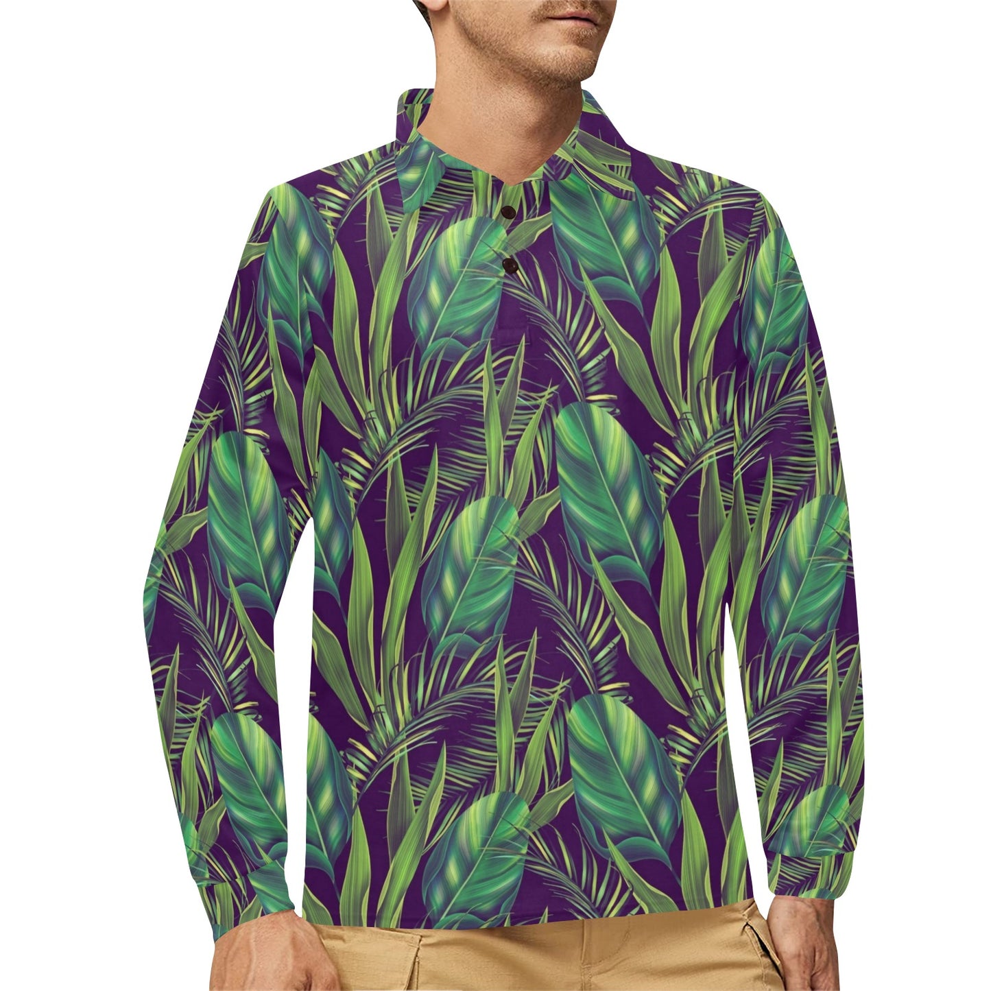 Palm Leaves Pattern Print Design PL03 Long Sleeve Polo Shirt For Men's
