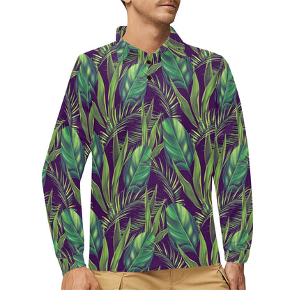 Palm Leaves Pattern Print Design PL03 Long Sleeve Polo Shirt For Men's