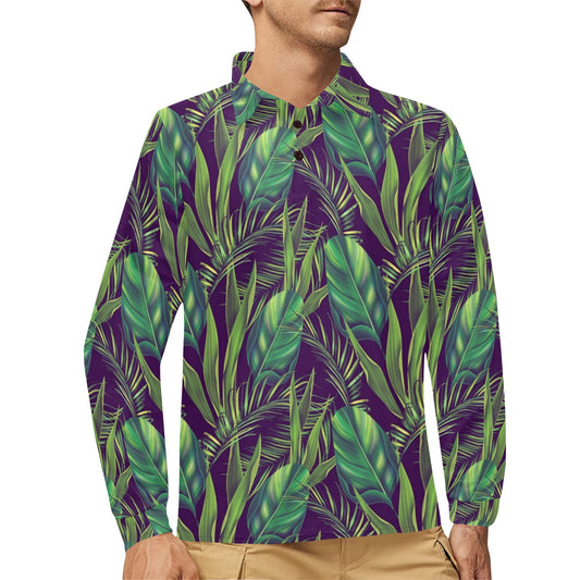 Palm Leaves Pattern Print Design PL03 Long Sleeve Polo Shirt For Men's