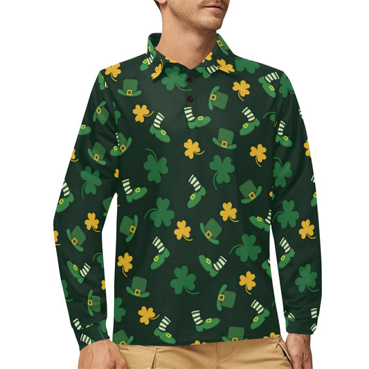 St Patricks Day Print Design LKS306 Long Sleeve Polo Shirt For Men's