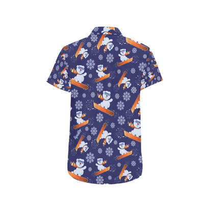 Snowboard Bear Print Design LKS305 Men Short Sleeve Button Up Shirt