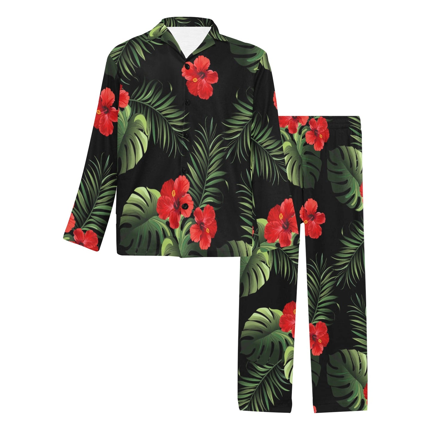 Red Hibiscus Tropical Men's Long Pajama Set
