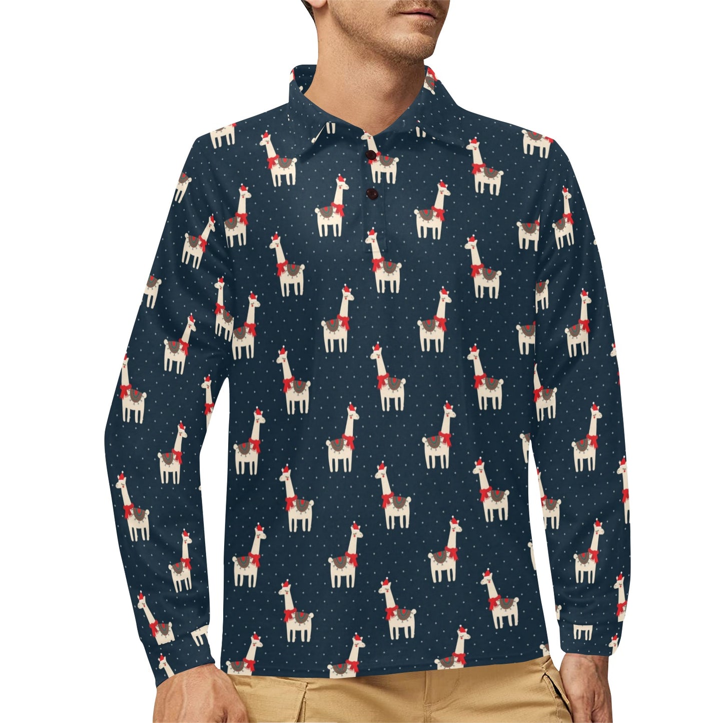 Llama with Polka Dot Themed Print Long Sleeve Polo Shirt For Men's
