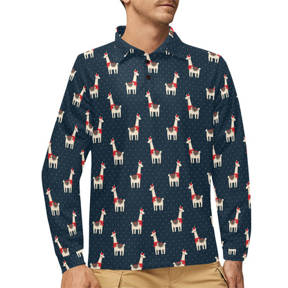 Llama with Polka Dot Themed Print Long Sleeve Polo Shirt For Men's