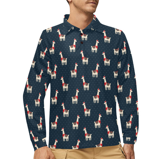 Llama with Polka Dot Themed Print Long Sleeve Polo Shirt For Men's