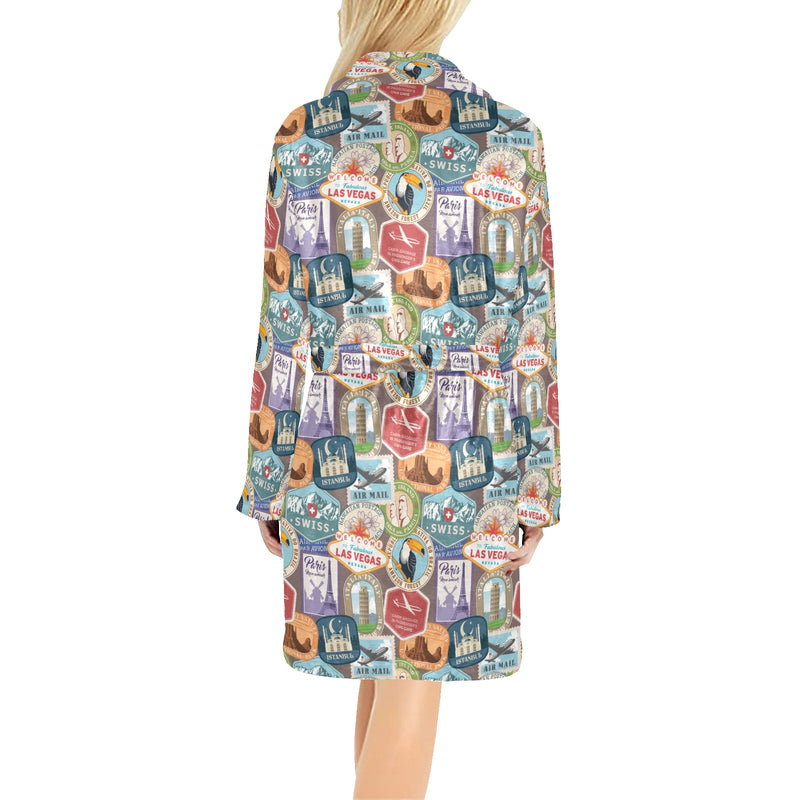 Travel Stamp Print Design LKS301 Women's Fleece Robe