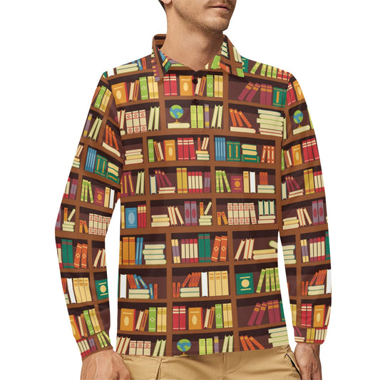 Book Pattern Print Design 06 Long Sleeve Polo Shirt For Men's