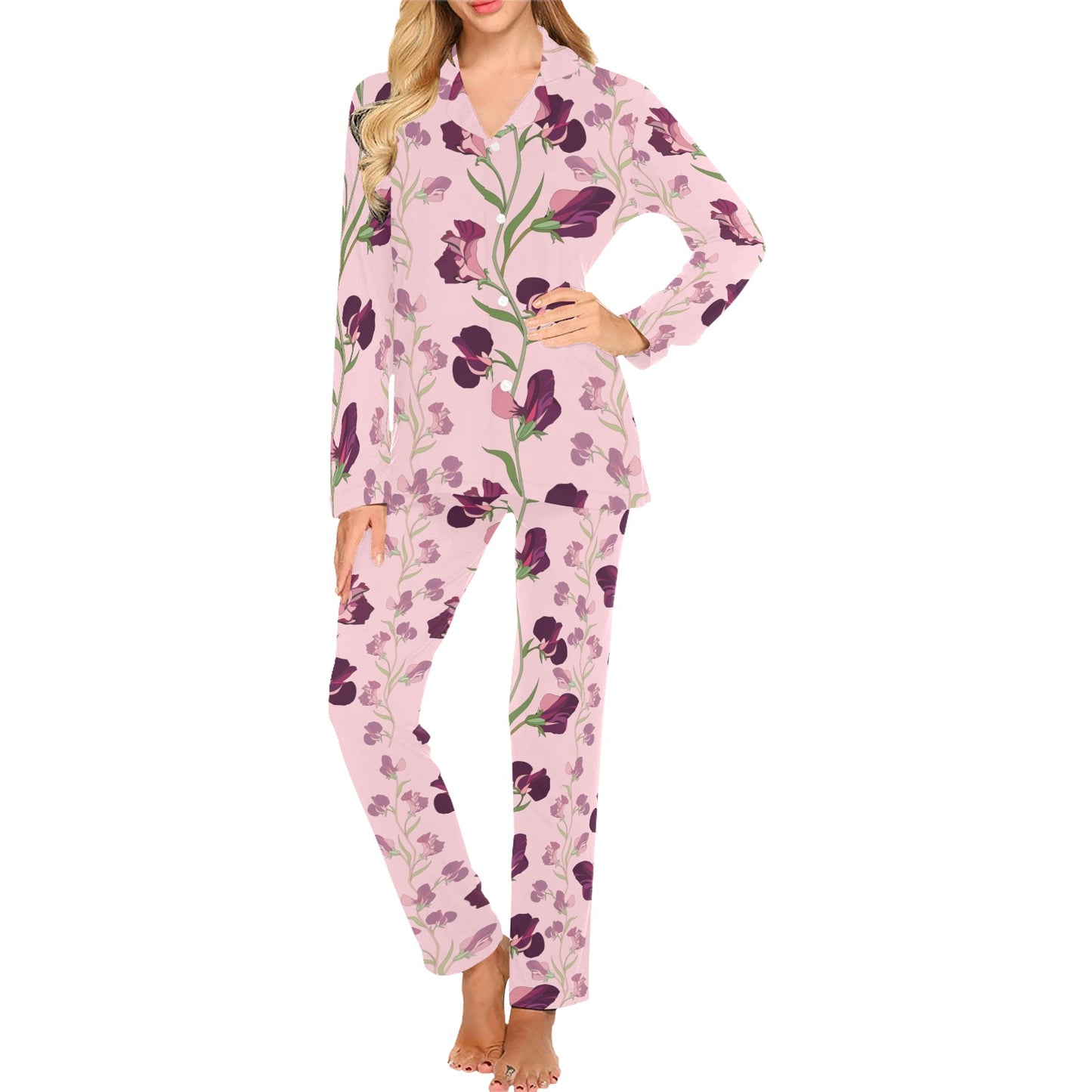 Peony Pattern Print Design PE09 Women's Long Pajama Set