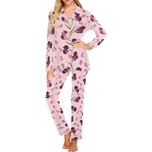 Peony Pattern Print Design PE09 Women's Long Pajama Set