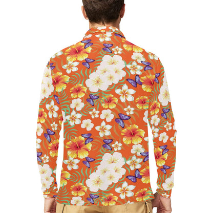 Tropical Flower Pattern Print Design TF027 Long Sleeve Polo Shirt For Men's