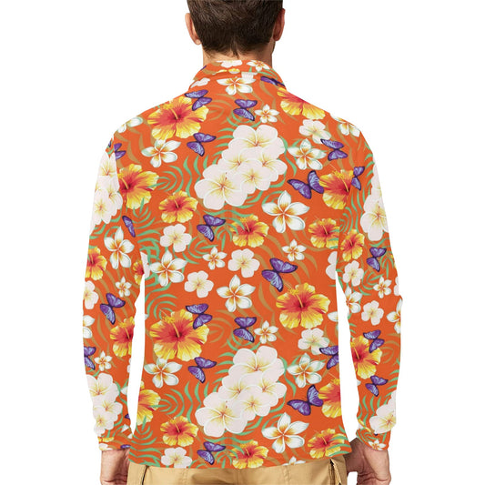 Tropical Flower Pattern Print Design TF027 Long Sleeve Polo Shirt For Men's