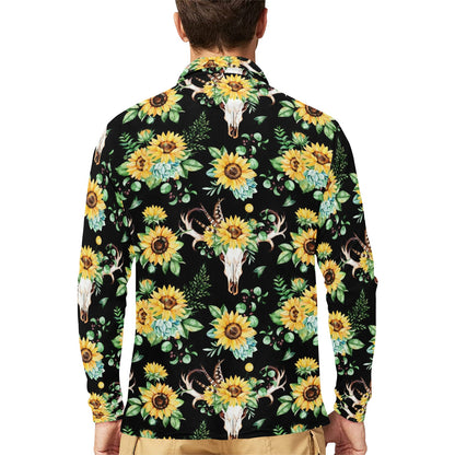 Sunflower Pattern Print Design SF08 Long Sleeve Polo Shirt For Men's