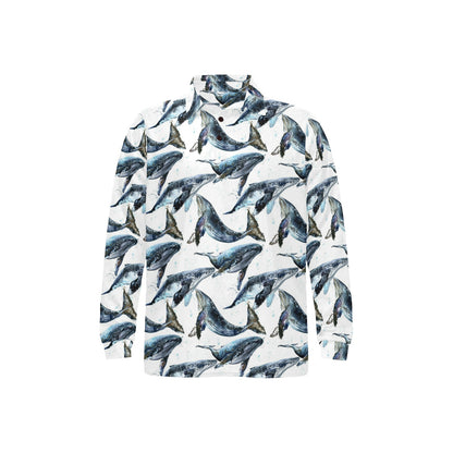 Blue Whale Pattern Print Design 03 Long Sleeve Polo Shirt For Men's