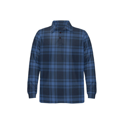 Tartan Blue Print Design LKS304 Long Sleeve Polo Shirt For Men's