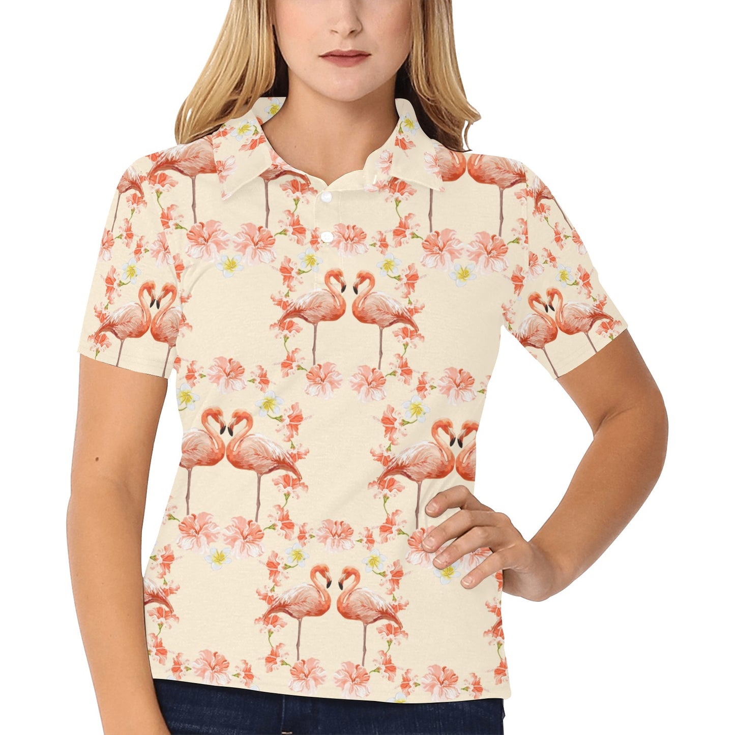 Flamingo Hibiscus Print Pattern Women's Polo Shirt