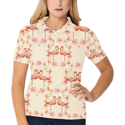 Flamingo Hibiscus Print Pattern Women's Polo Shirt