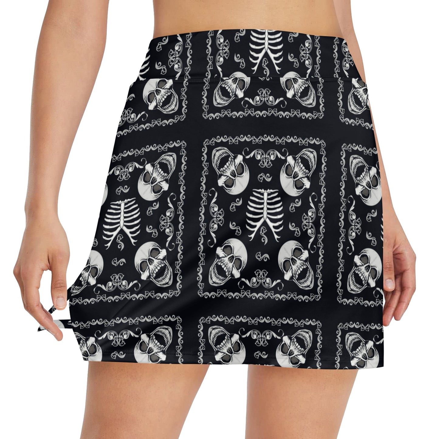 Bandana Skull Black White Print Design LKS306 17" Golf & Pickleball Skort with Pockets