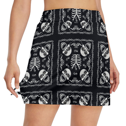 Bandana Skull Black White Print Design LKS306 17" Golf & Pickleball Skort with Pockets