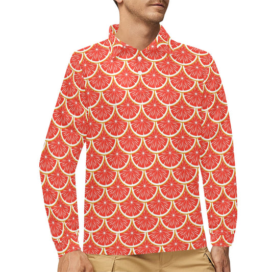 Grapefruit Pattern Print Design GF07 Long Sleeve Polo Shirt For Men's