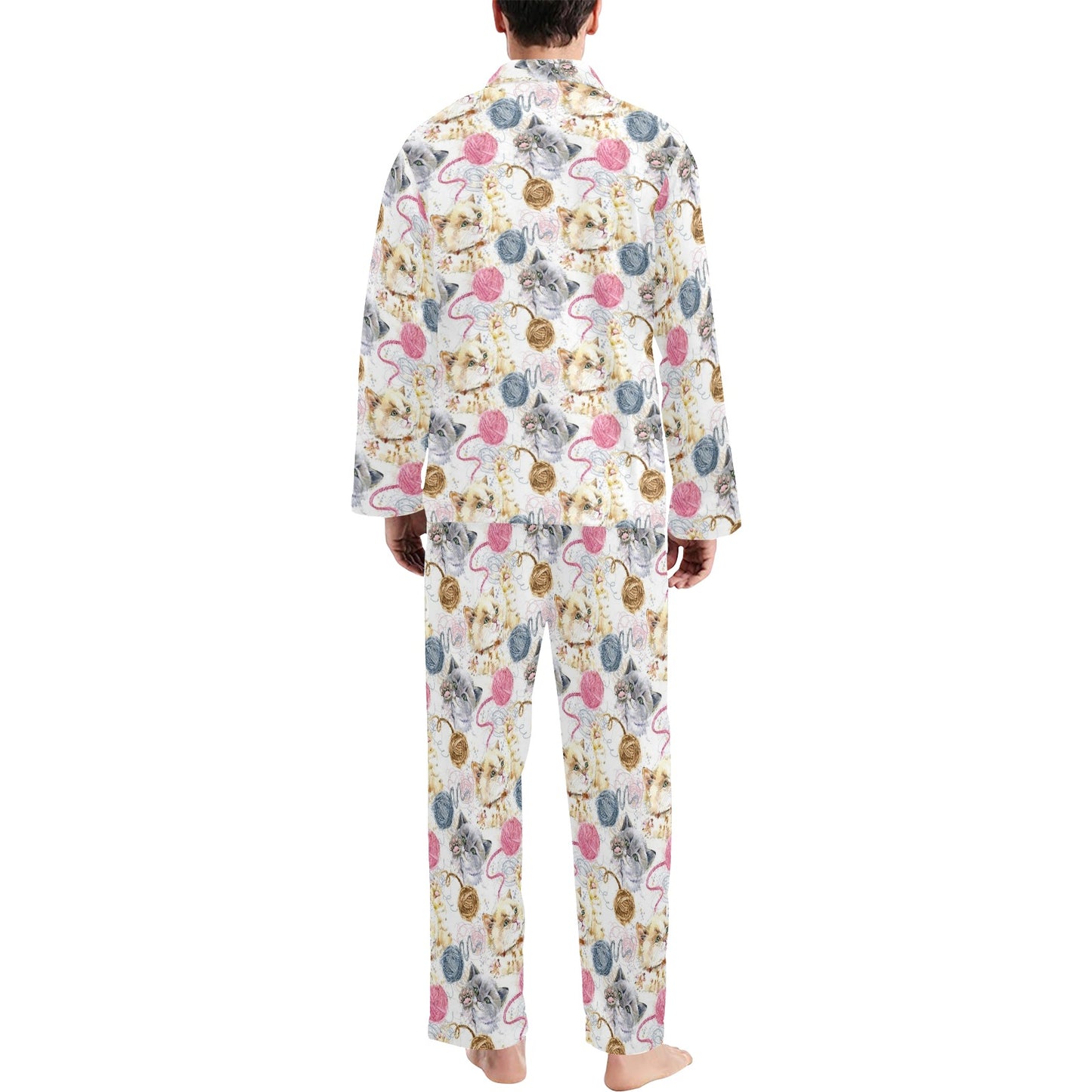 Cat Playing Yarn Pattern Print Design 07 Men's Long Pajama Set
