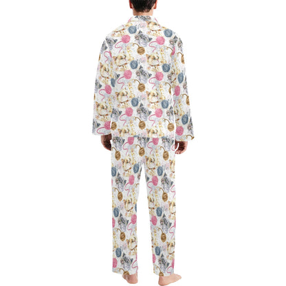 Cat Playing Yarn Pattern Print Design 07 Men's Long Pajama Set