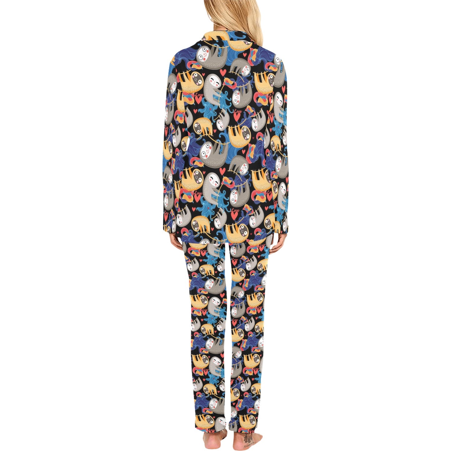 Sloth Cartoon Design Themed Print Women's Long Pajama Set