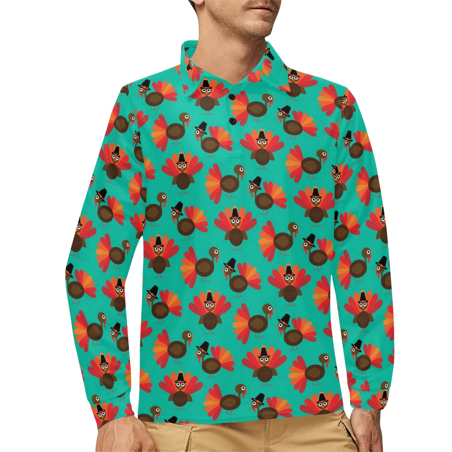 Thanksgiving Print Design LKS307 Long Sleeve Polo Shirt For Men's